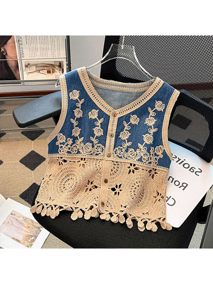 Crosa - Boho Tassel Crochet Floral Embroidered Vest