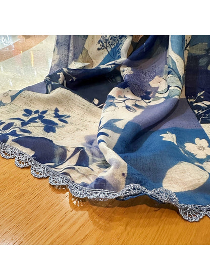 Scarvii - Blue Rose Lace Edge Summer Wrap Scarf