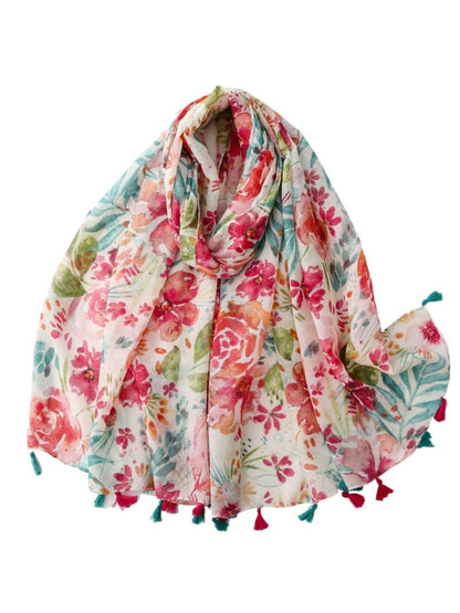 Scarvii Painterly Floral Fringe Scarf folded showing floral print and fringed edges