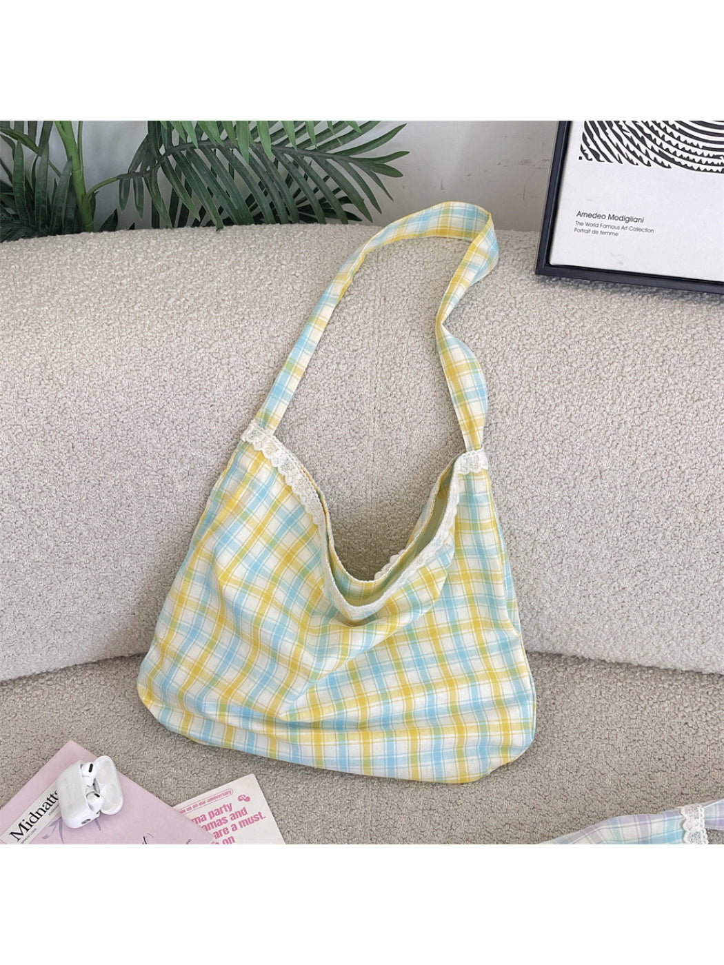 Cosbai - Plaid Lace Trim Hobo Shoulder Bag