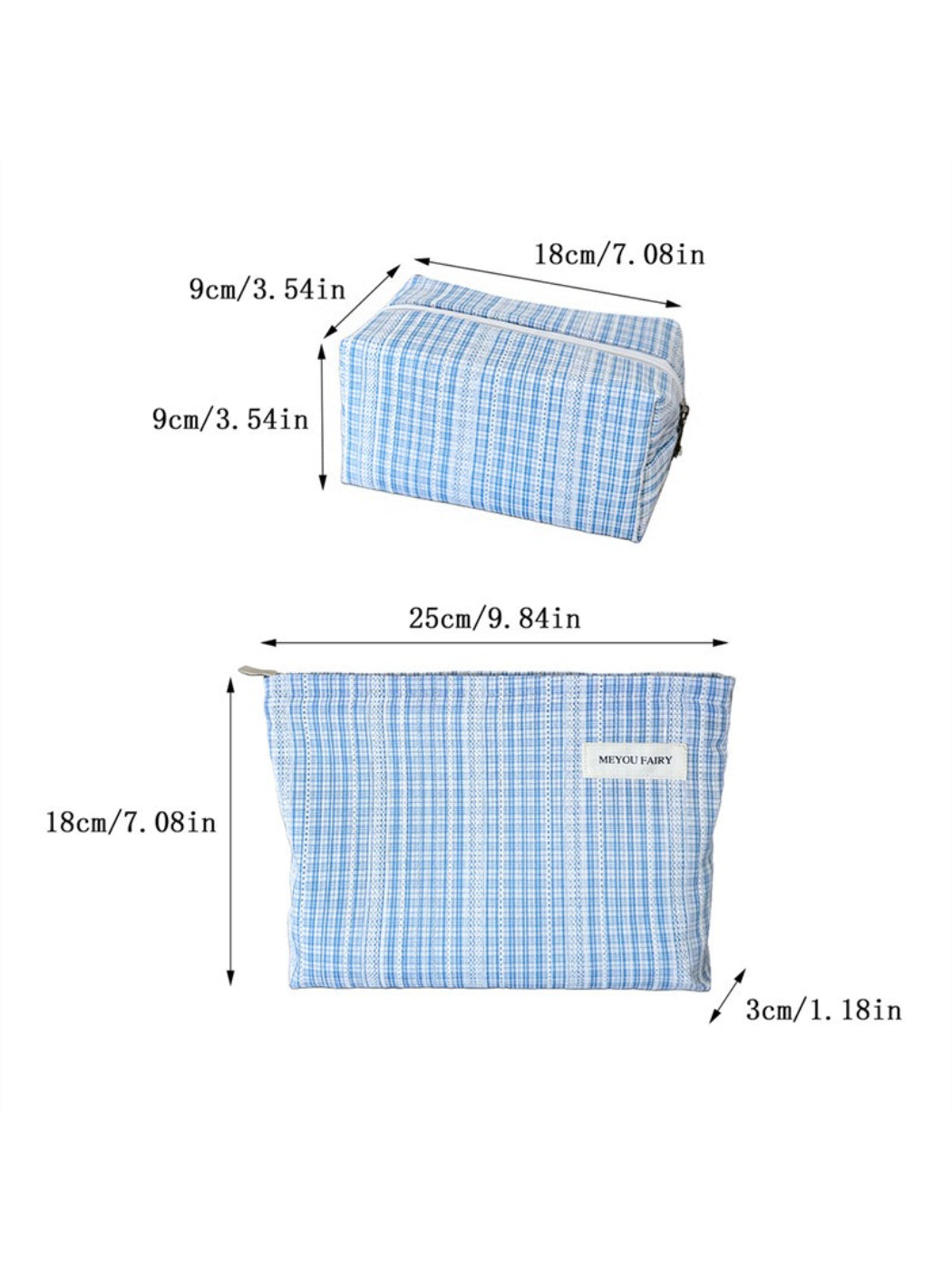 Cosbai blue check cosmetic bag displayed on a flat surface with soft lighting