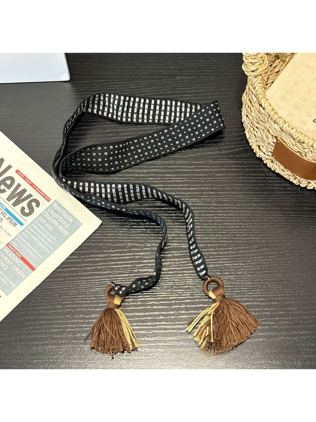Scarvii - Tassel Decoration Square Dots Narrow Scarf