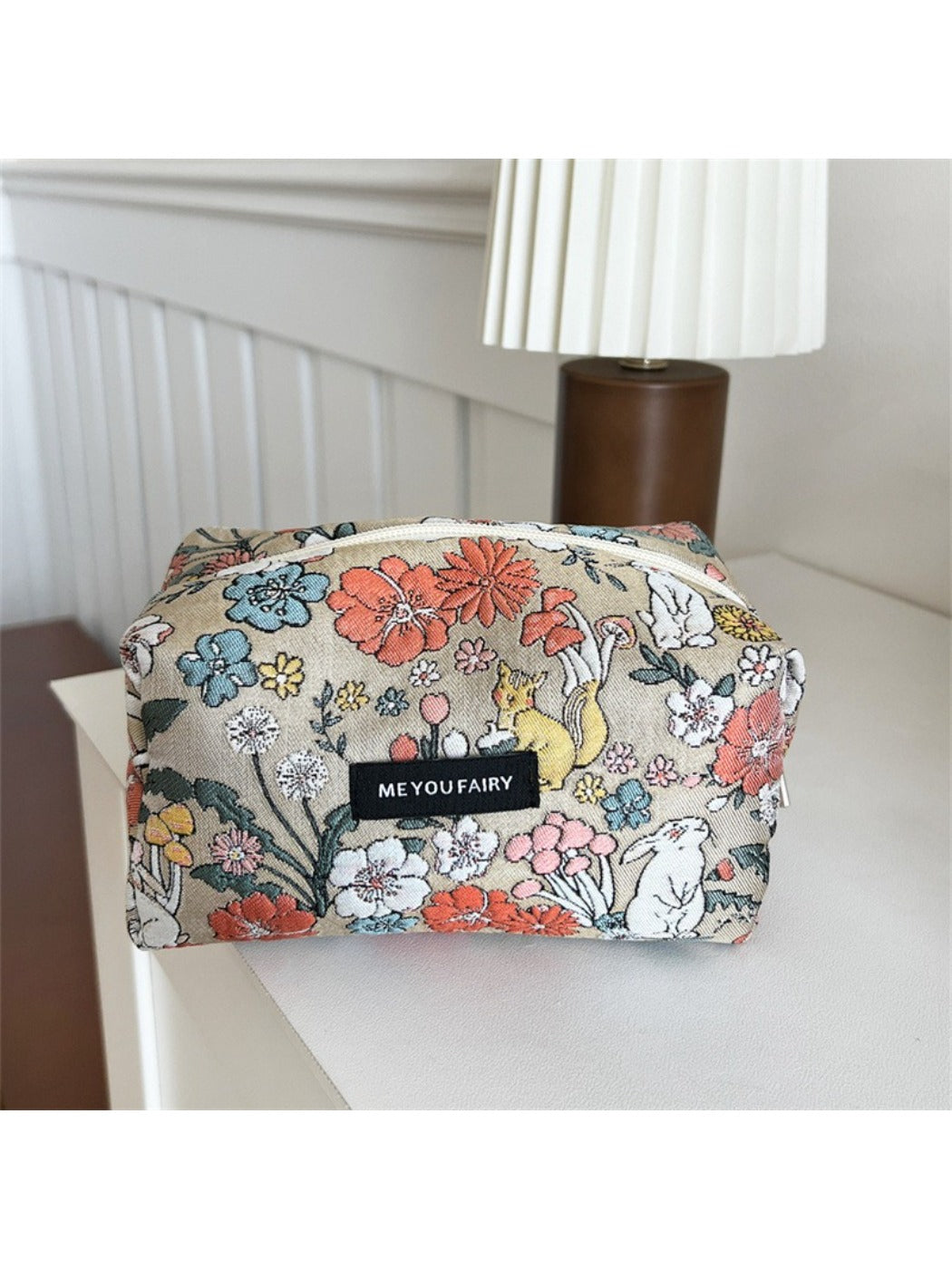 Cosbai Floral Bunny Makeup Pouch shown from a side angle emphasizing the printed design