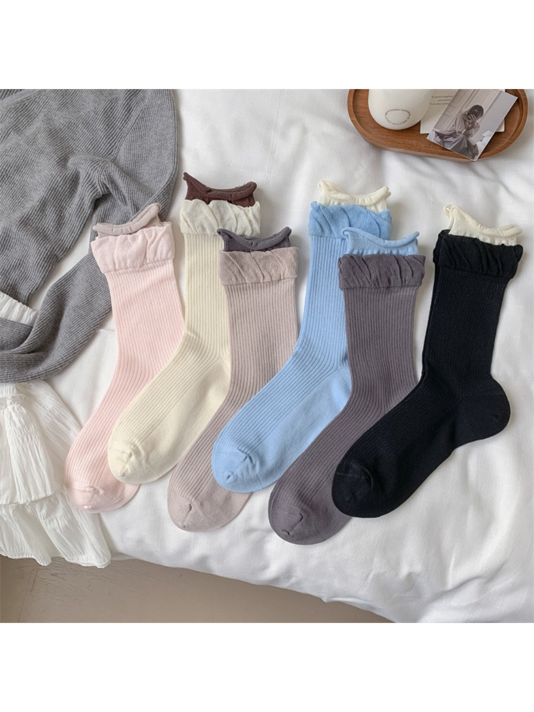 Rufia soft ruffle ribbed crew socks worn with casual shoes and rolled-up jeans