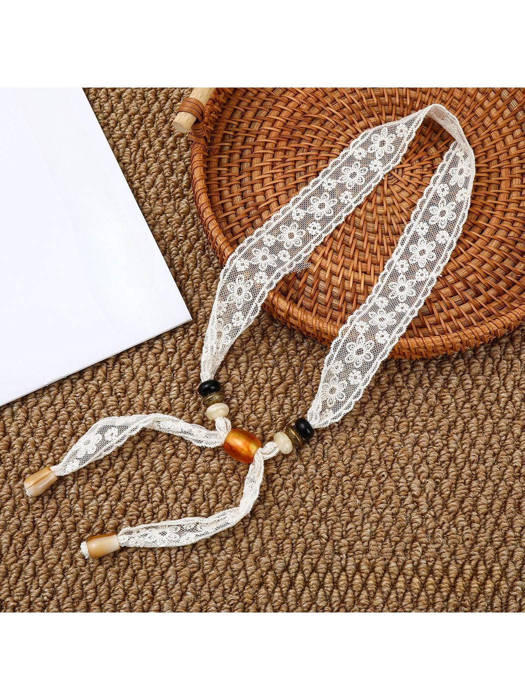 Scarvii - Lace Floral Print with Bead Detail Narrow Scarf