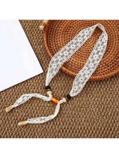 Scarvii - Lace Floral Print with Bead Detail Narrow Scarf