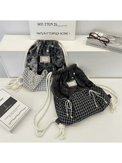 Cosbai – Plaid & Denim Drawstring Backpack