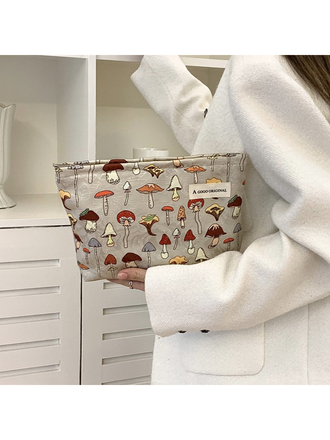 Cosbai cosmetic bag with forest mushroom pattern on beige fabric, rectangular shape