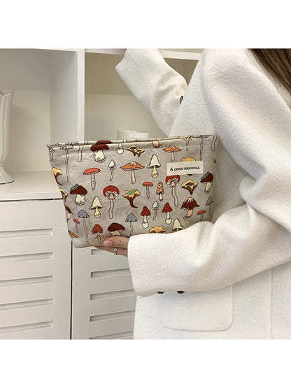 Cosbai cosmetic bag with forest mushroom pattern on beige fabric, rectangular shape