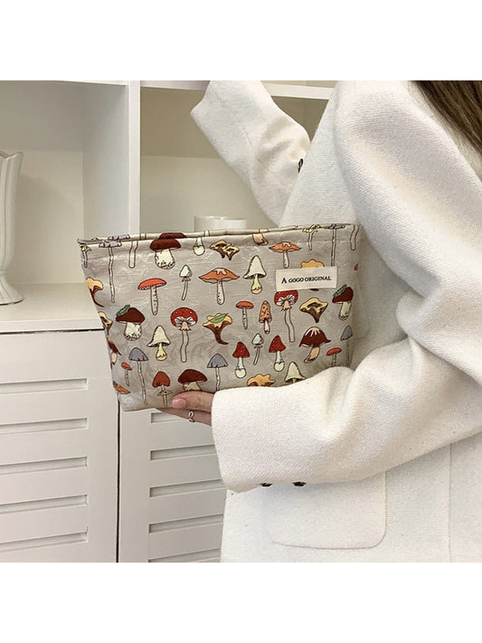 Cosbai cosmetic bag with forest mushroom pattern on beige fabric, rectangular shape
