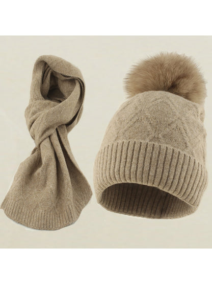 Haila - Women's Fur Pom Knit Hat and Scarf Set