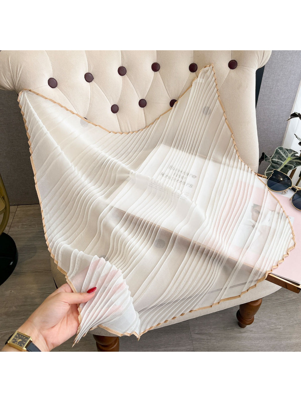 Scarvii - Sheer Pleated Border Trim Scarf