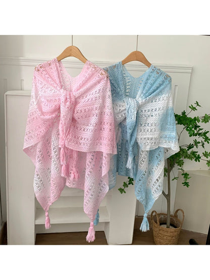 Scarvii - Gradient Openwork Tassel Trim Cape Shawl