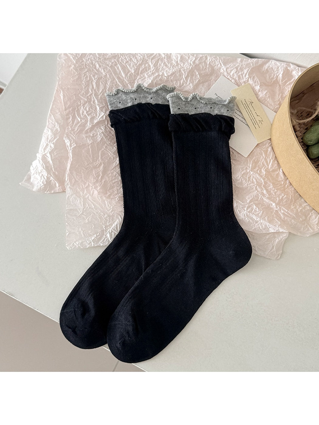 Rufia - Ruffle Cuff Two-toned Crew Socks
