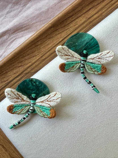Earwish - Vintage Green Earrings with Dragonfly Shaped