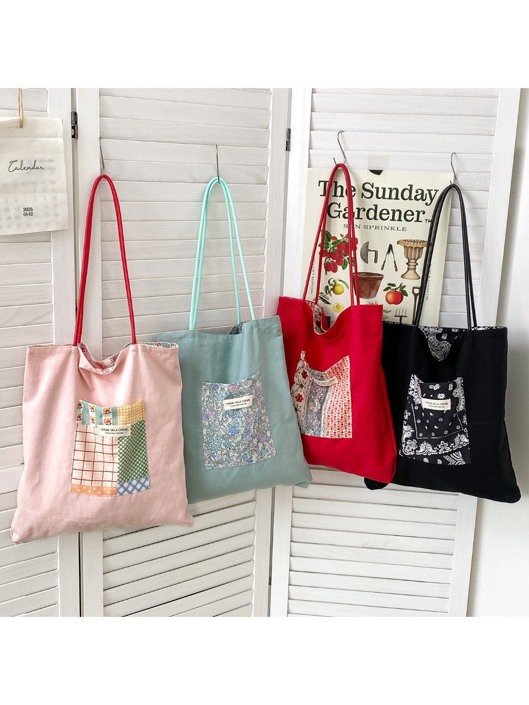Close-up of patchwork floral pattern on Cosbai tote bag showing detailed stitching