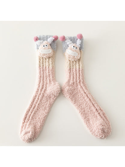 Rufia - Winter Coral Fleece Mid-Calf Socks with 3D Cartoon Accent