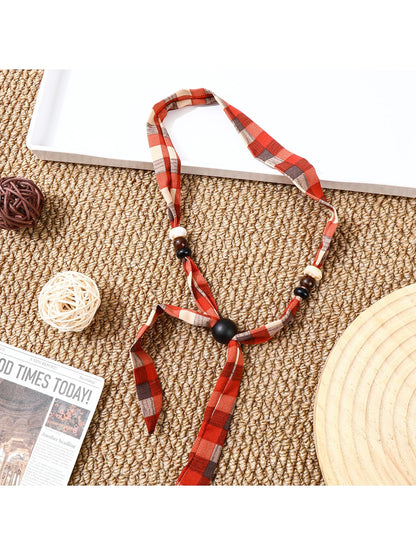 Scarvii - Retro Plaid Print Beaded Narrow Scarf
