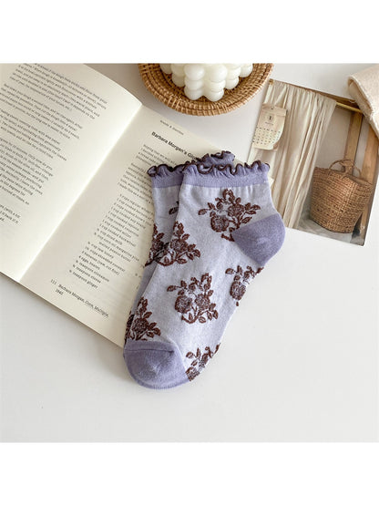 Rufia - Muted Floral Ruffle Trim Ankle Socks