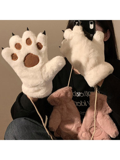 Gloving - Women's Cute Plush Bear Paw Winter Gloves