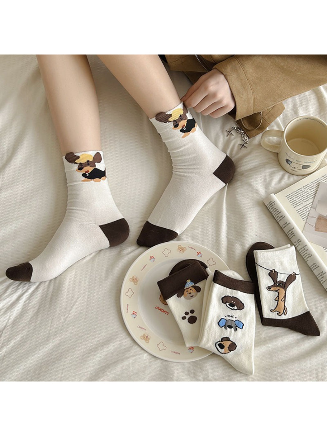 Rufia - Brown Puppy Print Crew Socks