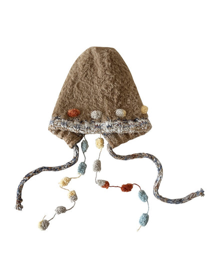 Haila - Winter Knitted Beanie with Pompom & Tassel Braids