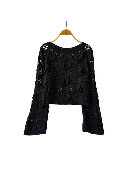 Crosa - Floral Hollow Out Round Neck Pullover