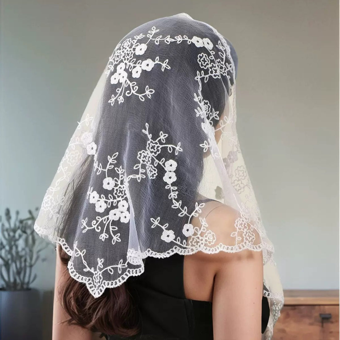 Haila floral lace veil head scarf displayed flat showing intricate lace pattern