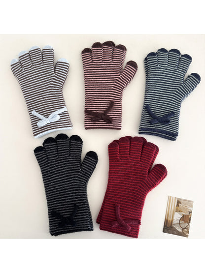 Gloving - Striped Bow Detail Ribbed Knit Gloves
