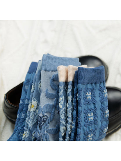 Rufia - Retro Blue Floral Mid-Calf Socks - Classic & Elegant