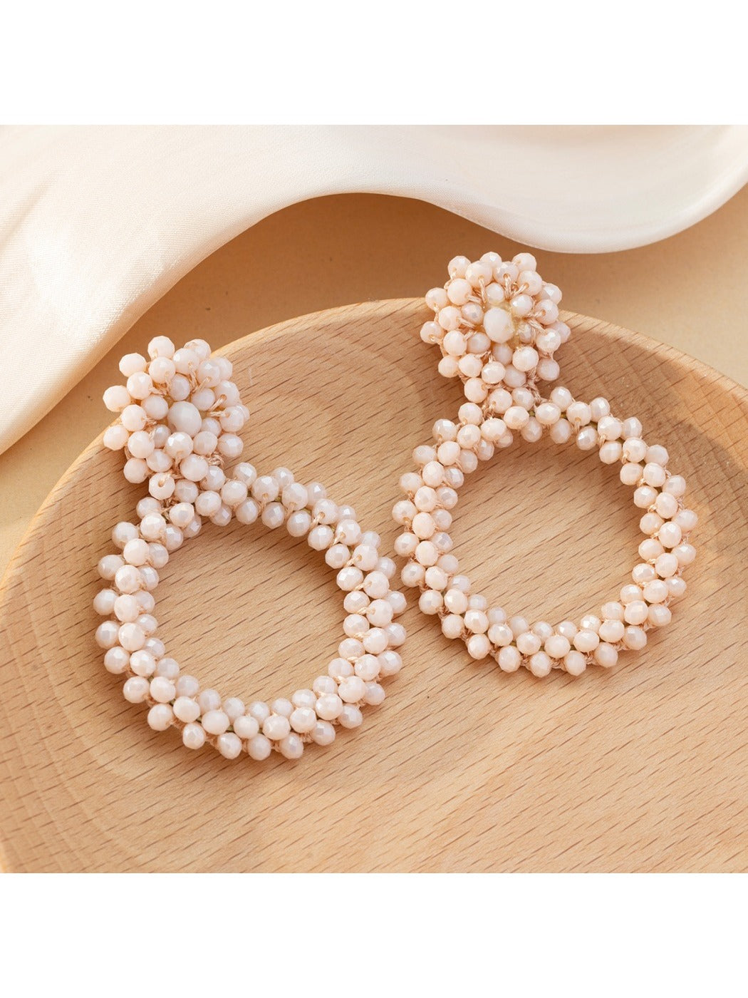 Earwish - Boho Beige Beaded Hoop Earrings - Classic & Elegant
