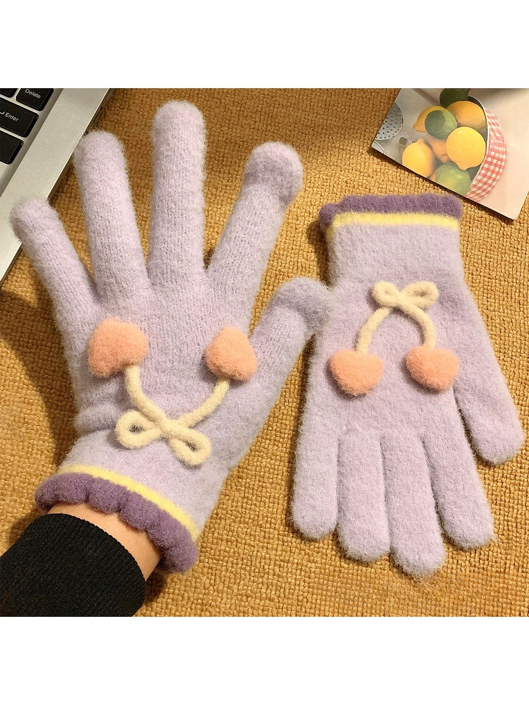 Gloving - Cherry Detail Five-Finger Winter Gloves