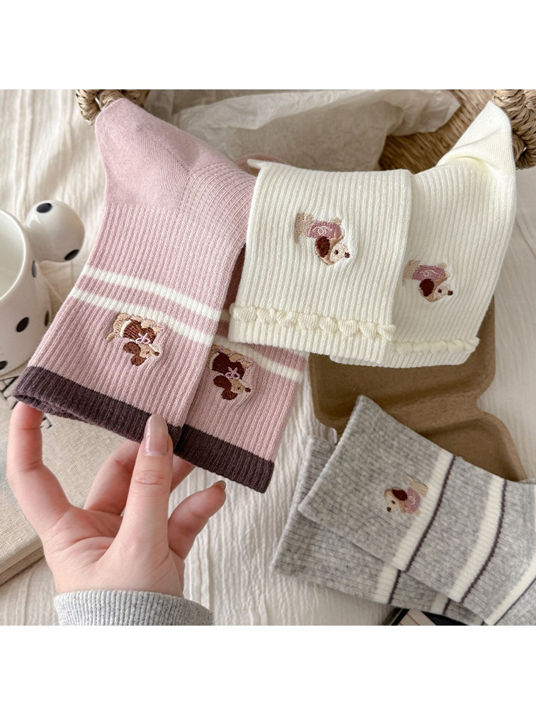 Rufia - Cute Dog Pattern Striped Crew Socks