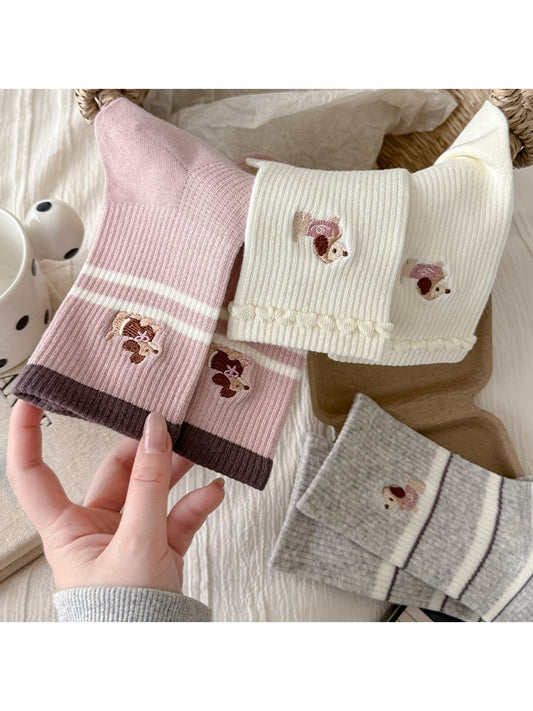 Rufia - Cute Dog Pattern Striped Crew Socks