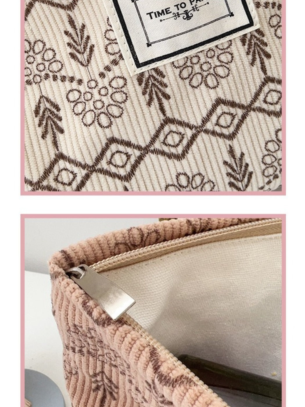 Cosbai - Fabric Geometric & Floral Print Pouch Bag with Zipper