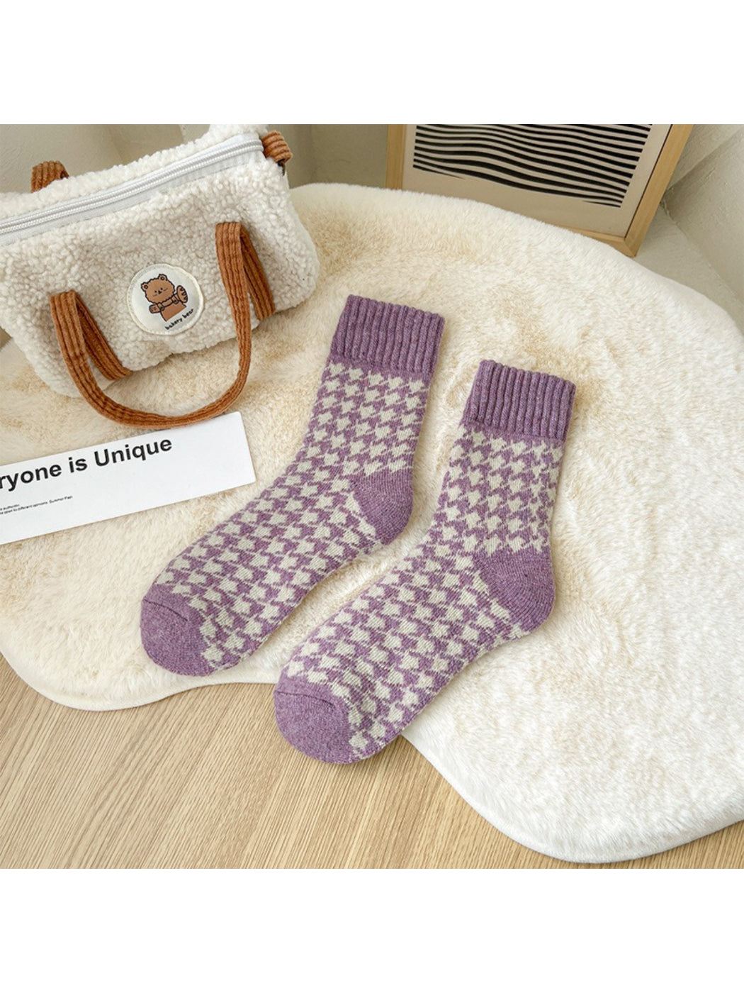 Rufia lavender check pattern crew socks flat lay