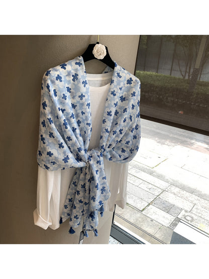 Scarvii - Floral Plain Weave Tassel Edge Shawl
