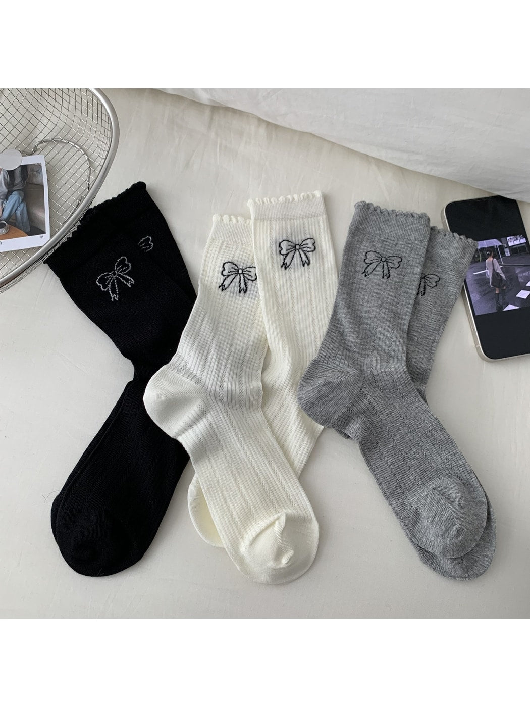 Rufia - Ribbed Mesh Bow Pattern Crew Socks