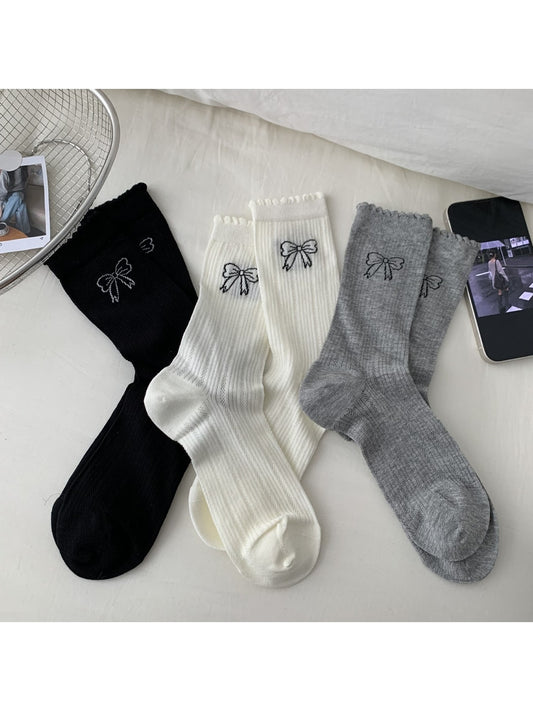 Rufia - Ribbed Mesh Bow Pattern Crew Socks