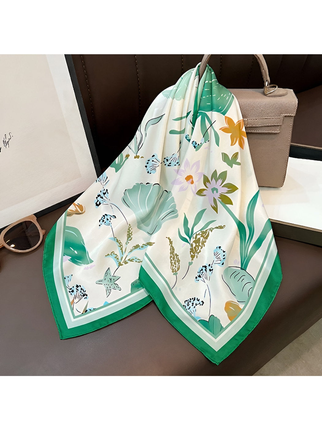Scarvii - Printed Border Fashion Neck Square Scarf