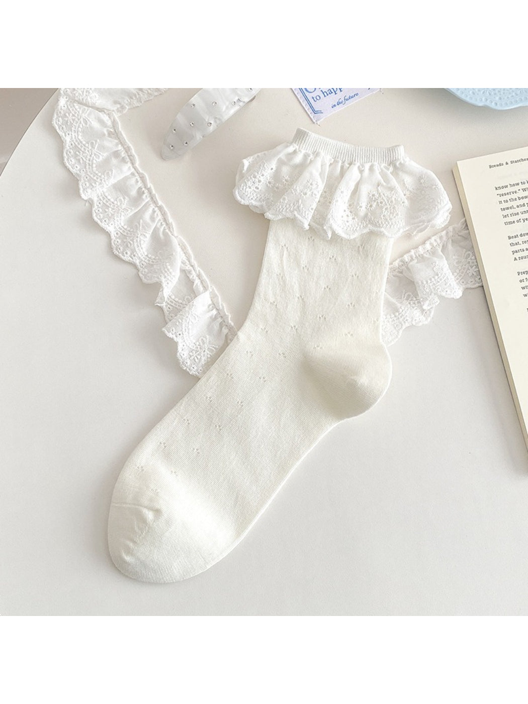Side view of Rufia lace ruffle trim crew sock showing lace detail