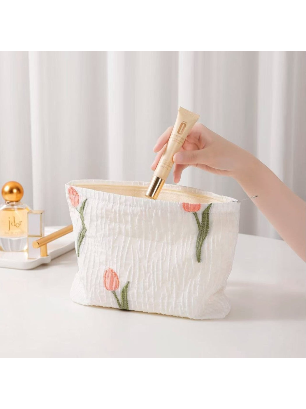 Cosbai - Tulip Embroidered Textured Cosmetic Bag