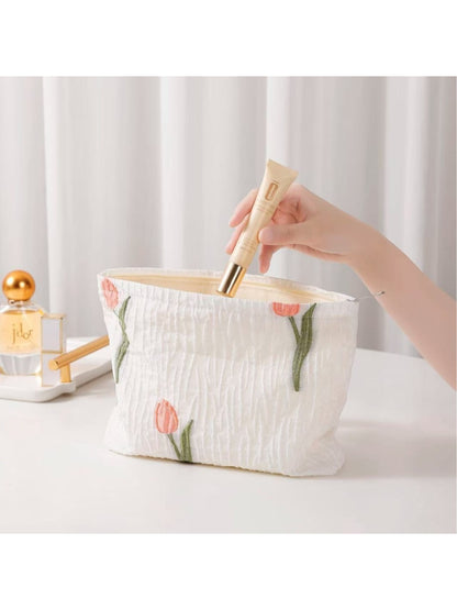 Cosbai - Tulip Embroidered Textured Cosmetic Bag