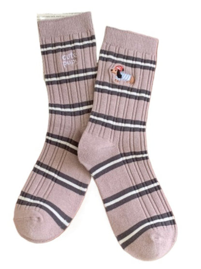 Rufia - Stripes Mid-calf Socks with Dog Patterns