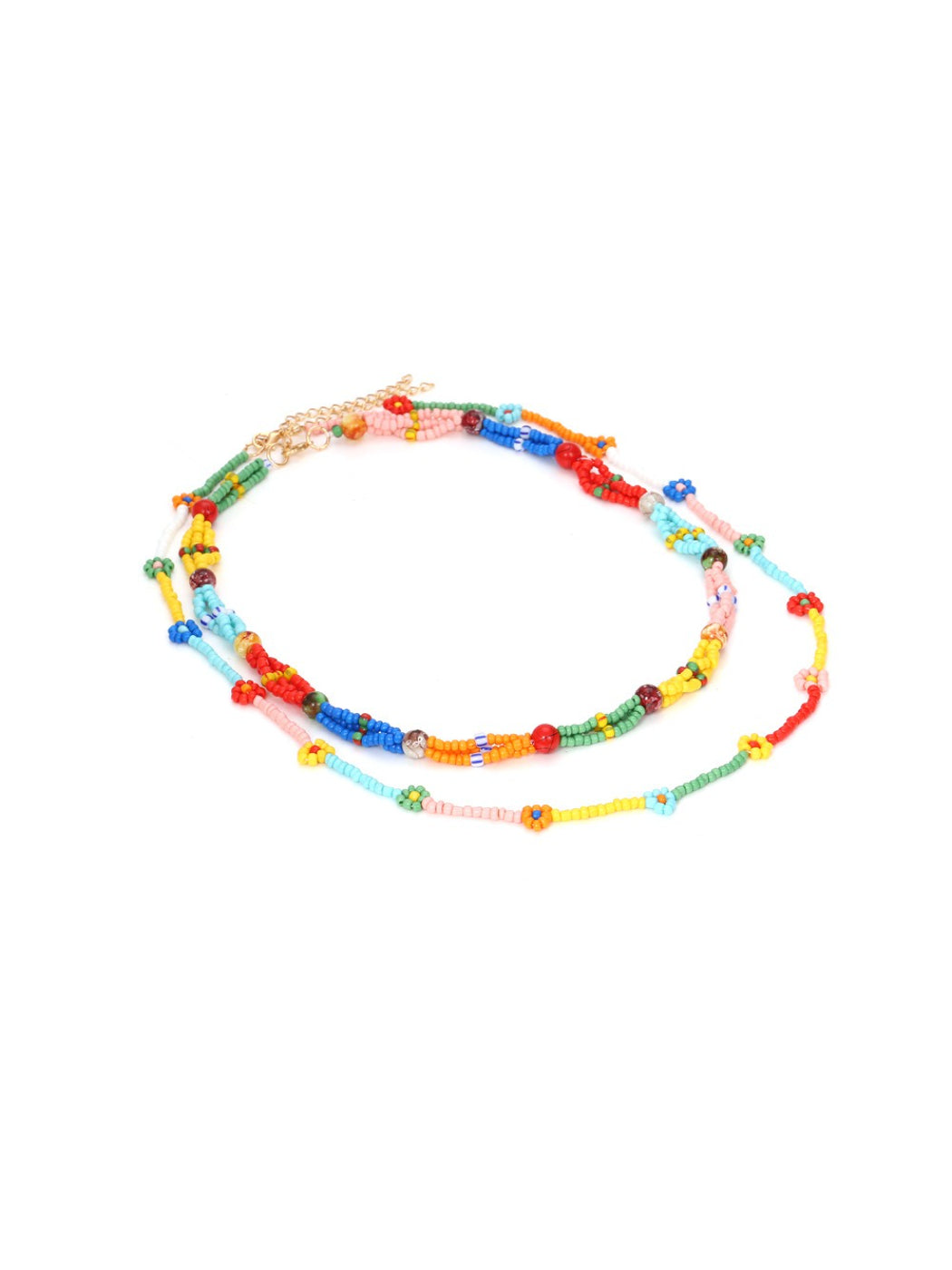 Side view of Neckit multi strand beaded necklace highlighting floral detail
