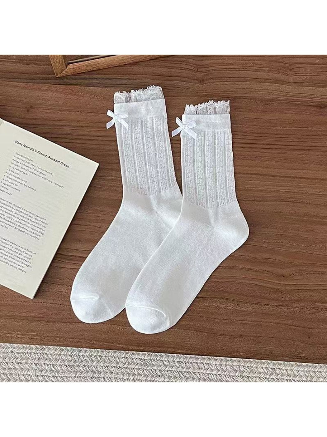 Rufia - Bow Detail Lace Cuffs Crew Socks