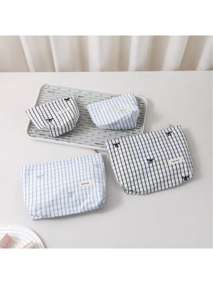 Cosbai - Checked Bow Embroidered Makeup Bag Pouch