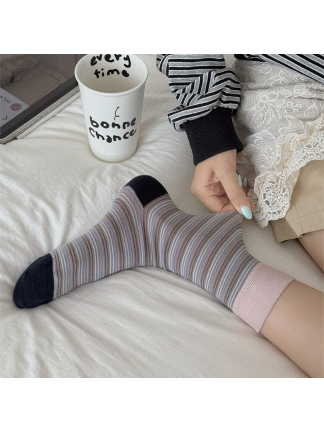 Rufia Fine Stripe Everyday Crew Socks worn on feet with casual shoes