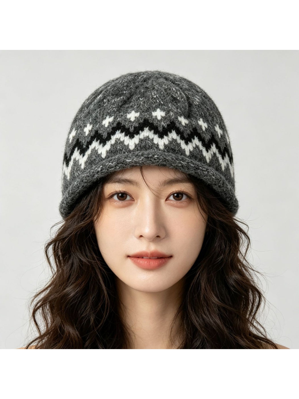 Haila - Geometric Knit Bucket Hat with Rolled Brim