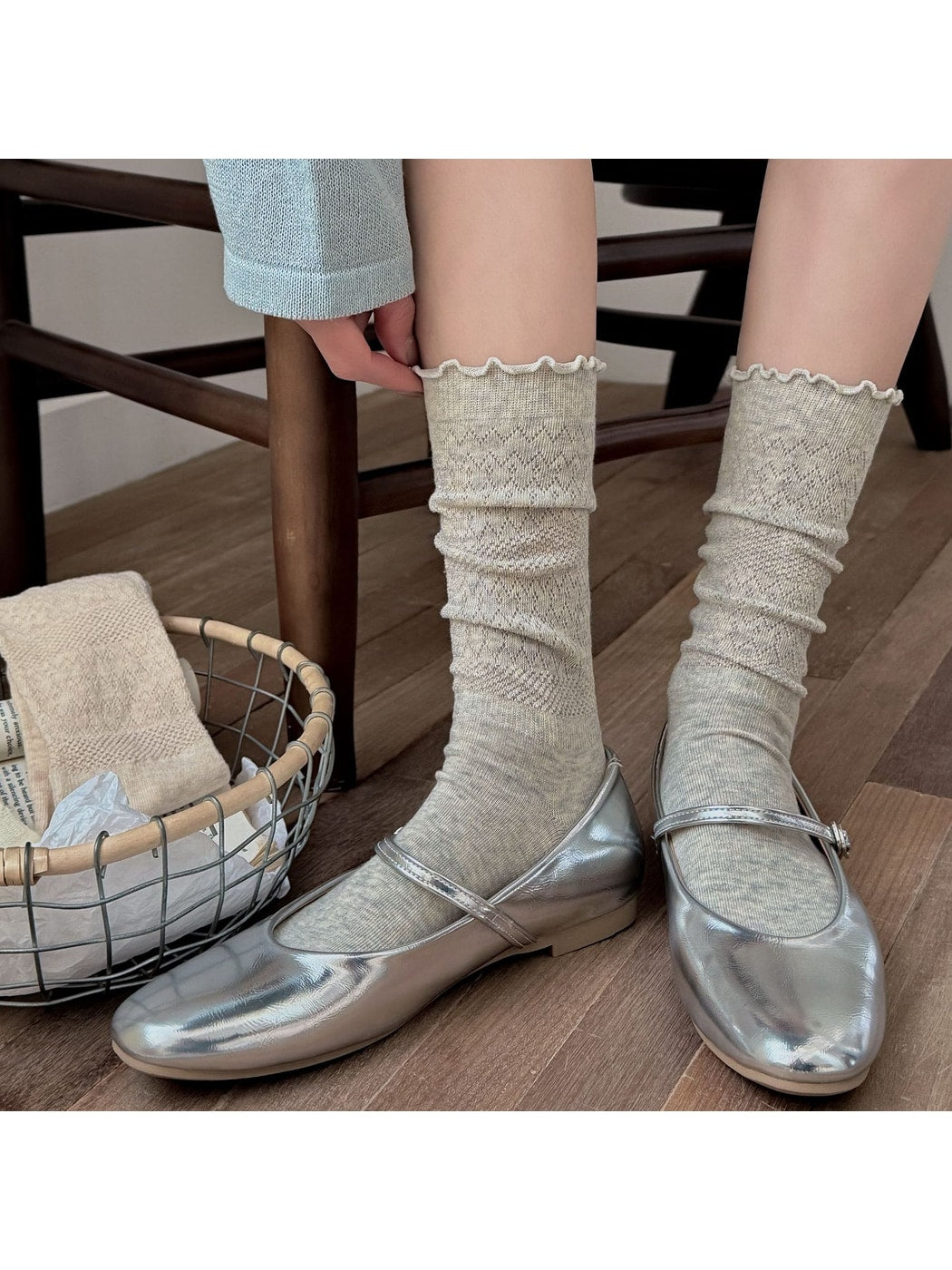 Rufia - Solid Color Ruffle Cuff Openwork Crew Socks